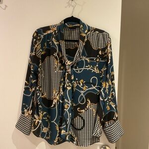 Women blouse, multi green, long sleeves, tie collar.